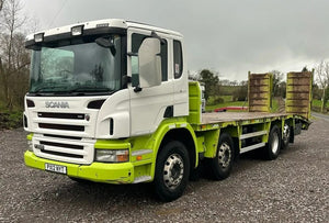 2012, SCANIA P360, 8X2 REARLIFT BEAVERTAIL FLATBED TRUCK